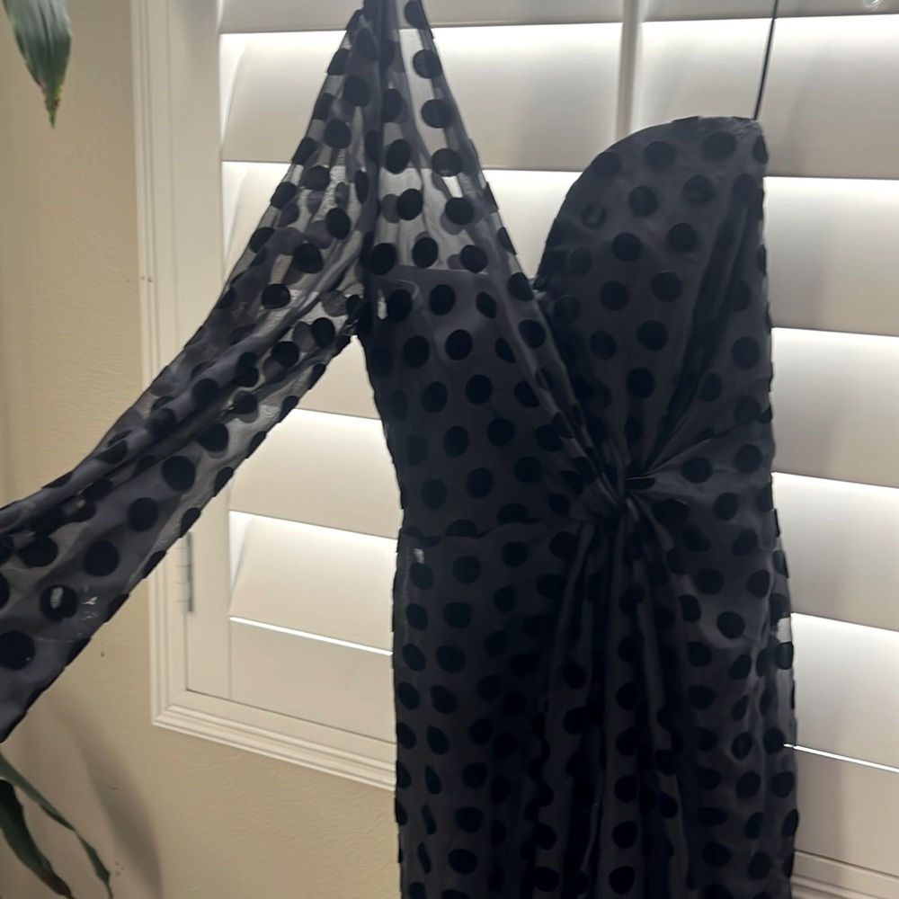 Black, Polka-Dot Velvet, Formal Gown, front slit, off-shoulder; Brand: Keepsake